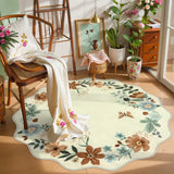 Covaba boho modern parisian floral scalloped round rug in warm beige, styled in a room setting, view 2