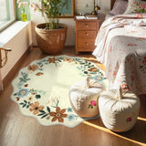 Covaba boho modern parisian floral scalloped round rug in warm beige, styled in a room setting, view 3