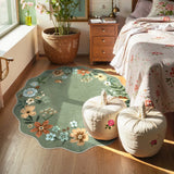 Covaba boho modern parisian floral scalloped round rug in fern green, styled in a room setting, view 2