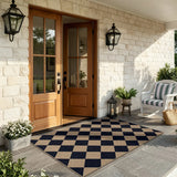 Covaba geometric checkered easy jute indoor/outdoor area rug in coffee brown, styled in a room setting, view 17