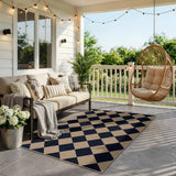 Covaba geometric checkered easy jute indoor/outdoor area rug in coffee brown, styled in a room setting, view 18