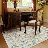 Covaba boho insect botanical floral area rug in warm beige, styled in a room setting, view 7