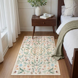 Covaba boho insect botanical floral area rug in warm beige, styled in a room setting, view 6