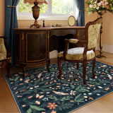 Covaba boho insect botanical floral area rug in ink black, styled in a room setting, view 6