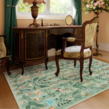 Covaba boho insect botanical floral area rug in fern green, styled in a room setting, view 6