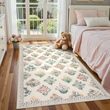 Covaba meadow floral area rug in warm beige, styled in a room setting, view 11