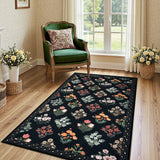 Covaba meadow floral area rug in ink black, styled in a room setting, view 9
