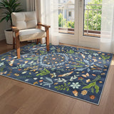 Covaba boho insect botanical floral area rug in stormy blue, styled in a room setting, view 6