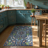 Covaba boho insect botanical floral area rug in stormy blue, styled in a room setting, view 8