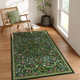 Covaba maximalism vibrant blossom floral area rug in forest fern, styled in a room setting, view 12