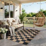 Covaba checkered easy jute natural indoor/outdoor area rug in ink black, styled in a room setting, view 16