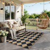 Covaba geometric checkered easy jute indoor/outdoor area rug in ink black, styled in a room setting, view 16