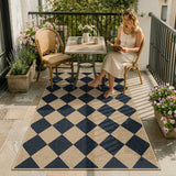 Covaba geometric checkered easy jute indoor/outdoor area rug in ink black, styled in a room setting, view 12