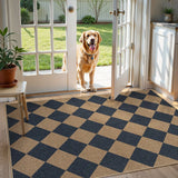 Covaba geometric checkered easy jute indoor/outdoor area rug in stormy blue, styled in a room setting, view 6