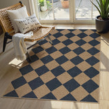 Covaba geometric checkered easy jute indoor/outdoor area rug in stormy blue, styled in a room setting, view 5