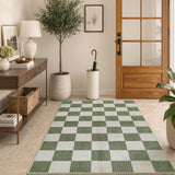 Covaba modern checkerboard area rug in olive grove, styled in a room setting, view 12