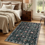 Covaba ultra-thin vintage floral moroccan trellis area rug in ink black, styled in a room setting, view 5