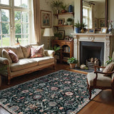 Covaba ultra-thin vintage floral moroccan trellis area rug in ink black, styled in a room setting, view 6
