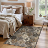 Covaba ultra-thin vintage floral moroccan trellis area rug in pearl grey, styled in a room setting, view 11
