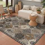 Covaba ultra-thin vintage floral moroccan trellis area rug in pearl grey, styled in a room setting, view 9