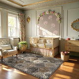 Covaba ultra-thin vintage floral moroccan trellis area rug in pearl grey, styled in a room setting, view 10