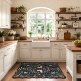 Covaba maximalist unicorn garden scalloped area rug in ink black, styled in a room setting, view 6
