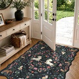 Covaba maximalist unicorn garden scalloped area rug in ink black, styled in a room setting, view 7