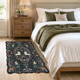 Covaba maximalist unicorn garden scalloped area rug in ink black, styled in a room setting, view 8