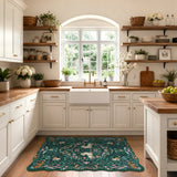 Covaba maximalist unicorn garden scalloped area rug in forest fern, styled in a room setting, view 6