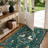 Covaba maximalist unicorn garden scalloped area rug in forest fern, styled in a room setting, view 7