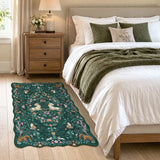 Covaba maximalist unicorn garden scalloped area rug in forest fern, styled in a room setting, view 8