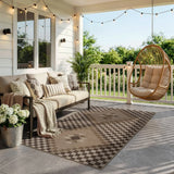 Covaba tribal soft easy jute tan indoor/outdoor area rug in multicolor, styled in a room setting, view 4