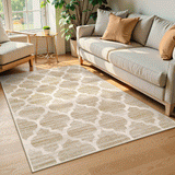 Covaba classic moroccan trellis 3x5 taupe/khaki area rug in dune khaki, styled in a room setting, view 4