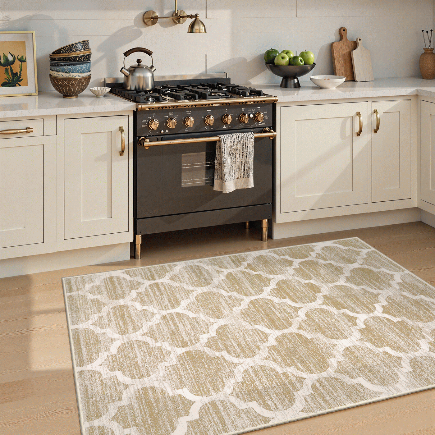 Covaba classic moroccan trellis 3x5 taupe/khaki area rug in dune khaki, styled in a room setting