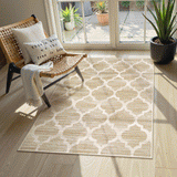 Covaba classic moroccan trellis 3x5 taupe/khaki area rug in dune khaki, styled in a room setting, view 6
