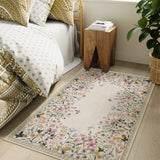 Covaba modern blooming floral garden area rug in warm beige, styled in a room setting, view 9