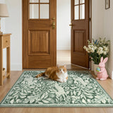 Covaba vintage woodcut forest and rabbit area rug in fern green, styled in a room setting, view 7