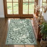 Covaba vintage woodcut forest and rabbit area rug in fern green, styled in a room setting, view 8