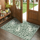 Covaba vintage woodcut forest and rabbit area rug in fern green, styled in a room setting, view 11