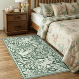 Covaba vintage woodcut forest and rabbit area rug in fern green, styled in a room setting, view 6