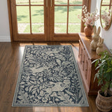 Covaba vintage woodcut forest and rabbit area rug in pearl grey, styled in a room setting, view 8