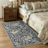 Covaba vintage woodcut forest and rabbit area rug in pearl grey, styled in a room setting, view 10