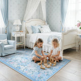 Covaba romantic vintage floral rose garden area rug in stormy blue, styled in a room setting, view 3