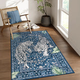 Covaba wild tiger area rug in stormy blue, styled in a room setting, view 6
