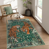 Covaba wild tiger area rug in fern green, styled in a room setting, view 10