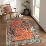 Covaba wild tiger area rug in burnt rust, styled in a room setting, view 6