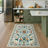 Covaba boho birdsong floral garden area rug in warm beige, styled in a room setting, view 7