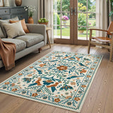 Covaba boho birdsong floral garden area rug in warm beige, styled in a room setting, view 8