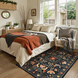 Covaba boho birdsong floral garden area rug in ink black, styled in a room setting, view 12