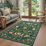 Covaba boho birdsong floral garden area rug in fern green, styled in a room setting, view 12